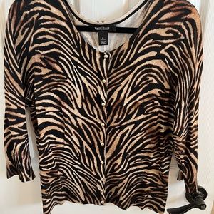 White House Black Market animal print cardigan with gold snaps. Size large.